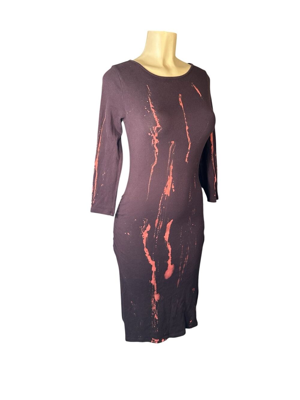 Women 34 US-4 Jarbo Long Slv Ruched Pima Cotton Brown Midi Stretch Dress